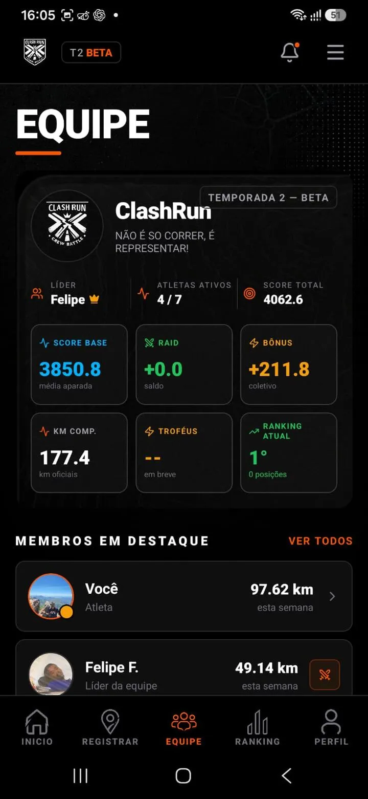 Tela de equipe no app ClashRun