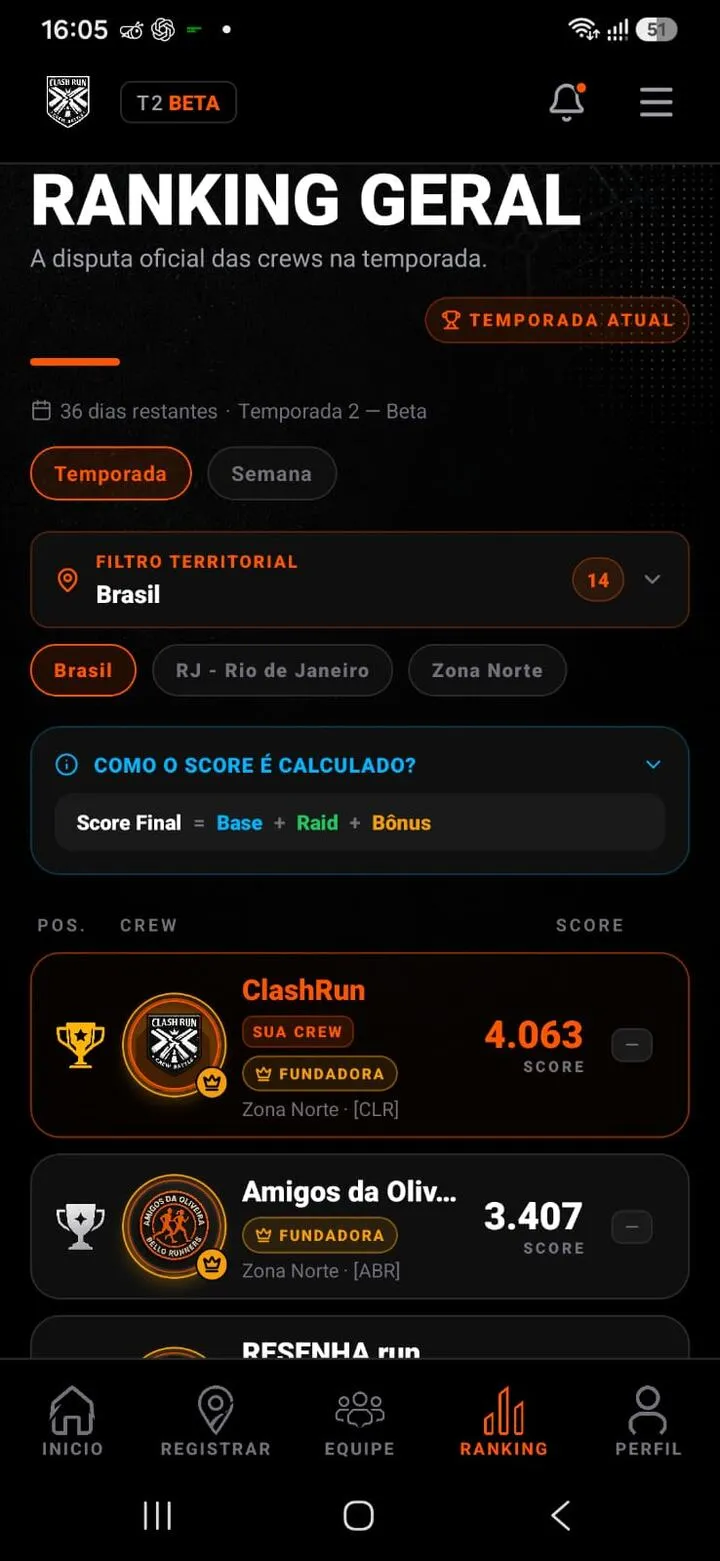 Ranking Geral no app ClashRun